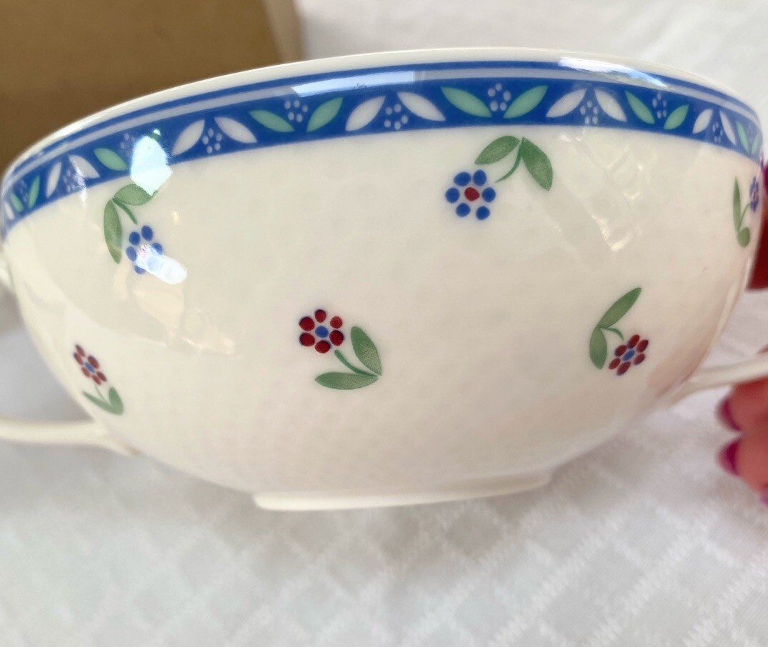 3 Vtg Villeroy & Boch Adeline Cream Soup Bowl Double Handle Blue