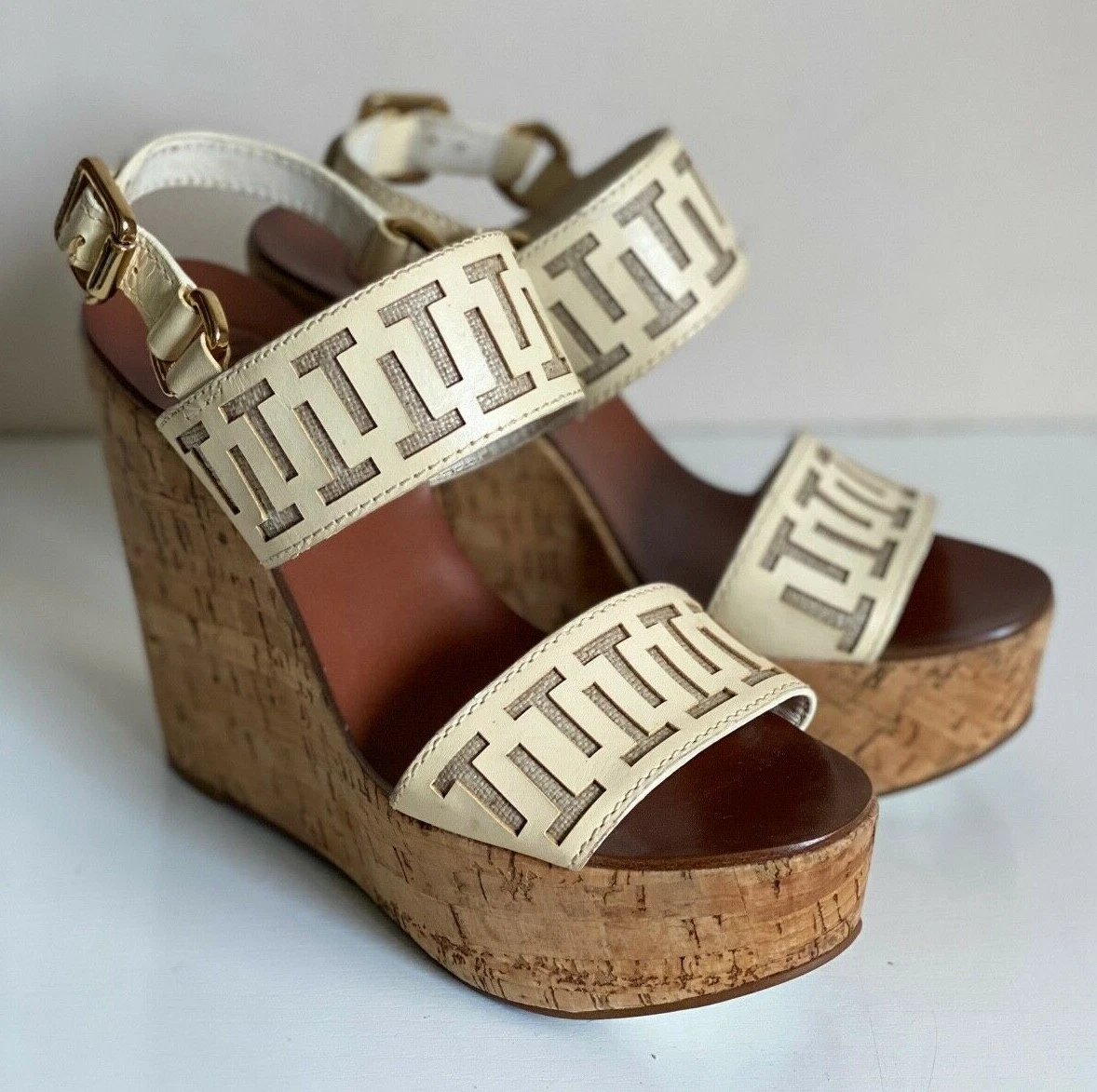 NEW TORY BURCH REGAN BLEACH WHITE PLATFORM WEDGES SANDALS SHOES 6