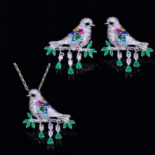 Silver Plated CZ Green Women Bird Pendant Necklace Earrings Animal Jewerly Set