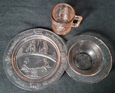Tiara Indiana Glass Pink Kids Nursery Rhyme Plate Mug Bowl Set Mother Goose