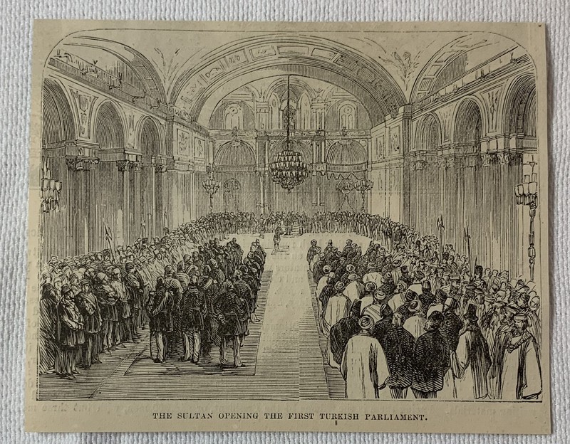 1878 magazine engraving~ SULTAN OPENING THE FIRST TURKISH PARLIAMENT