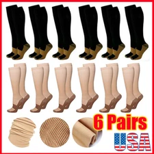 6 Pairs Copper Compression Socks 20-30mmHg Graduated Support Men's Women's S-XXL