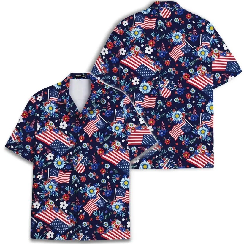 USA Flag America Hawaii Beach Hawaiian Shirt Button Down Short Sleeve Shirt for