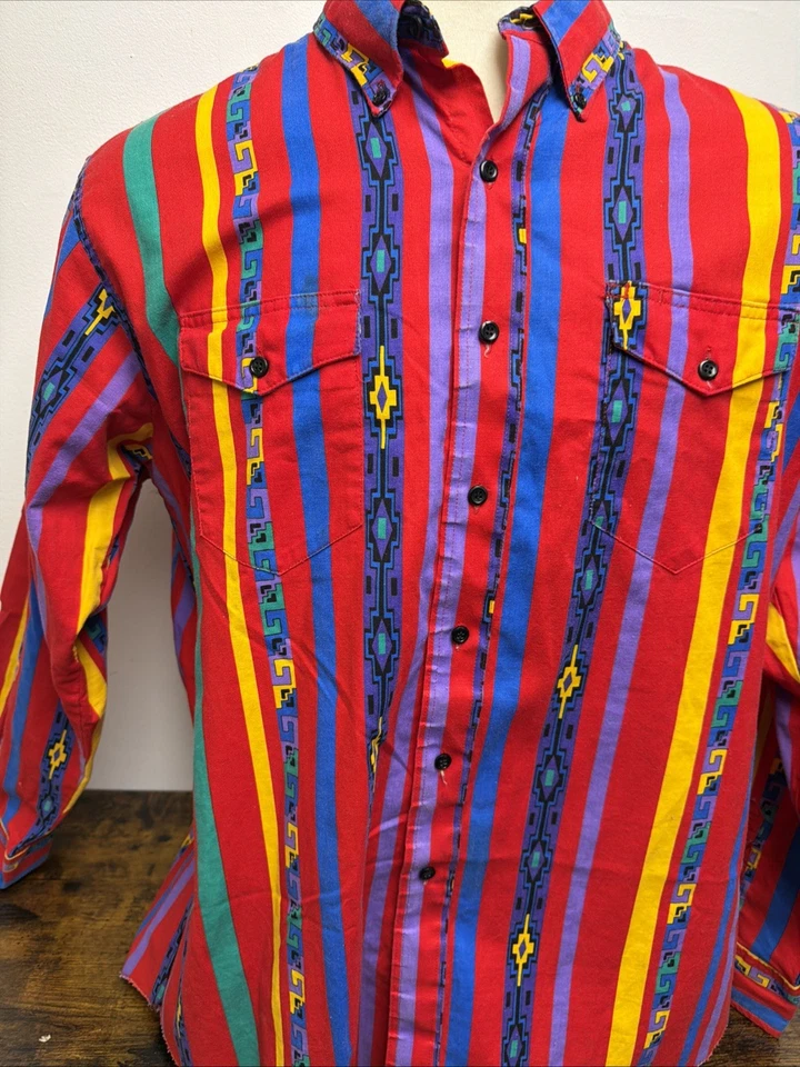 Vintage Wrangler Cowboy Cut Rare Aztec Design Western Shirt 18-36 X-Long Tails - Image 4 of 4