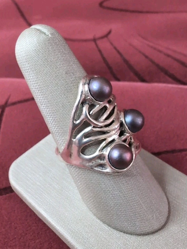 Anillo Modernista Vintage Diseñador Heng Ngai Perla Plata de Ley 925 Talla 9 Foto 2 de 4