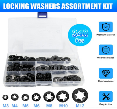340pc Internal Tooth Star Lock Spring Quick Washer Push On Speed Nut Assortment