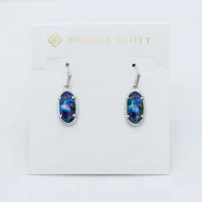 New Kendra Scott Lee Silver Drop Earrings In Teal Tie Dye