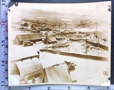 WW2 Era Base Camp Tents Military Trucks Supplies Old BW Photo Snapshot