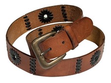 Leather Flower Stitched Brown Belt Women  s Medium Boho Whimsy Fits 34  - 37  