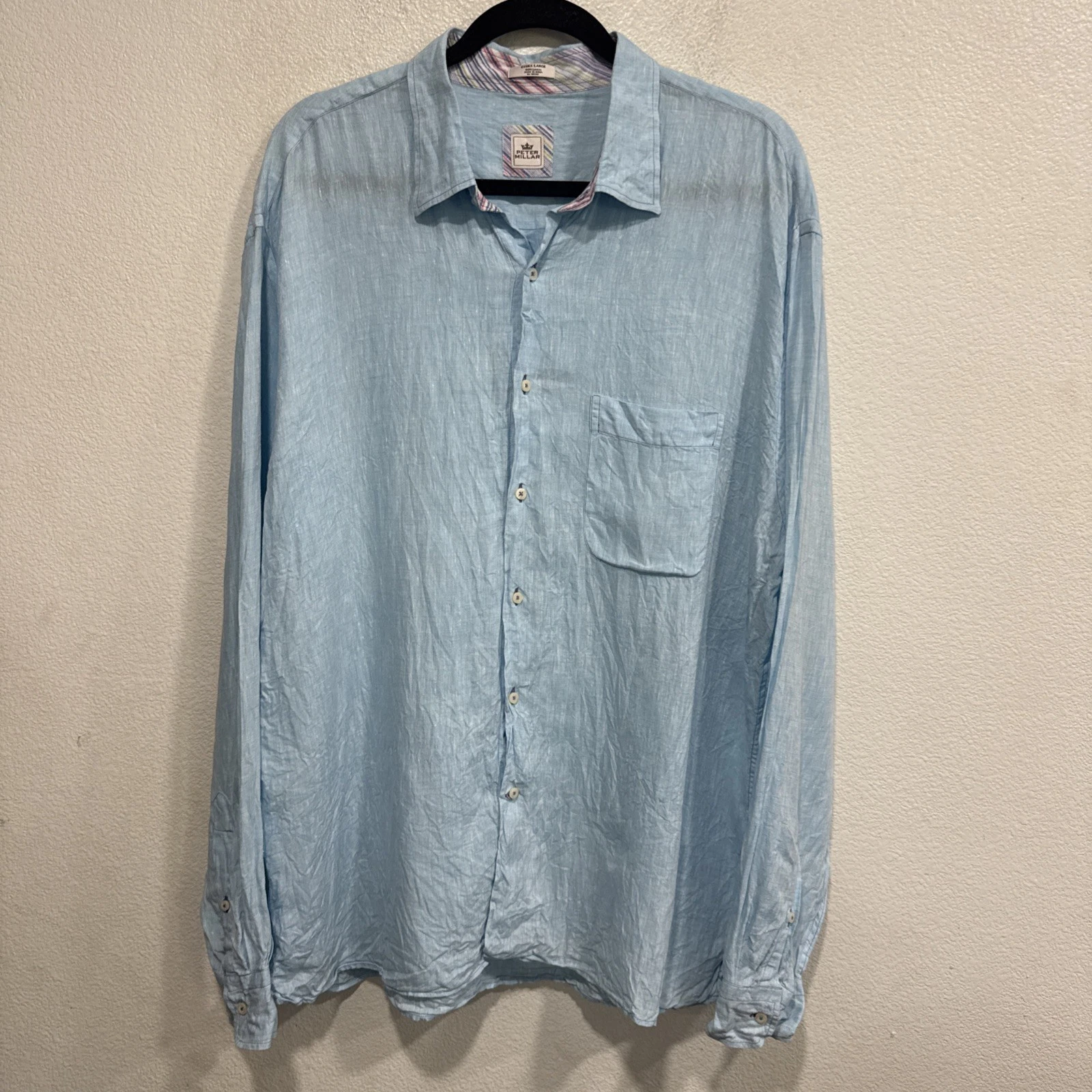 Peter Millar 100% Linen Shirt Mens XLarge Sky Blue LongSleeve Button Down EUC