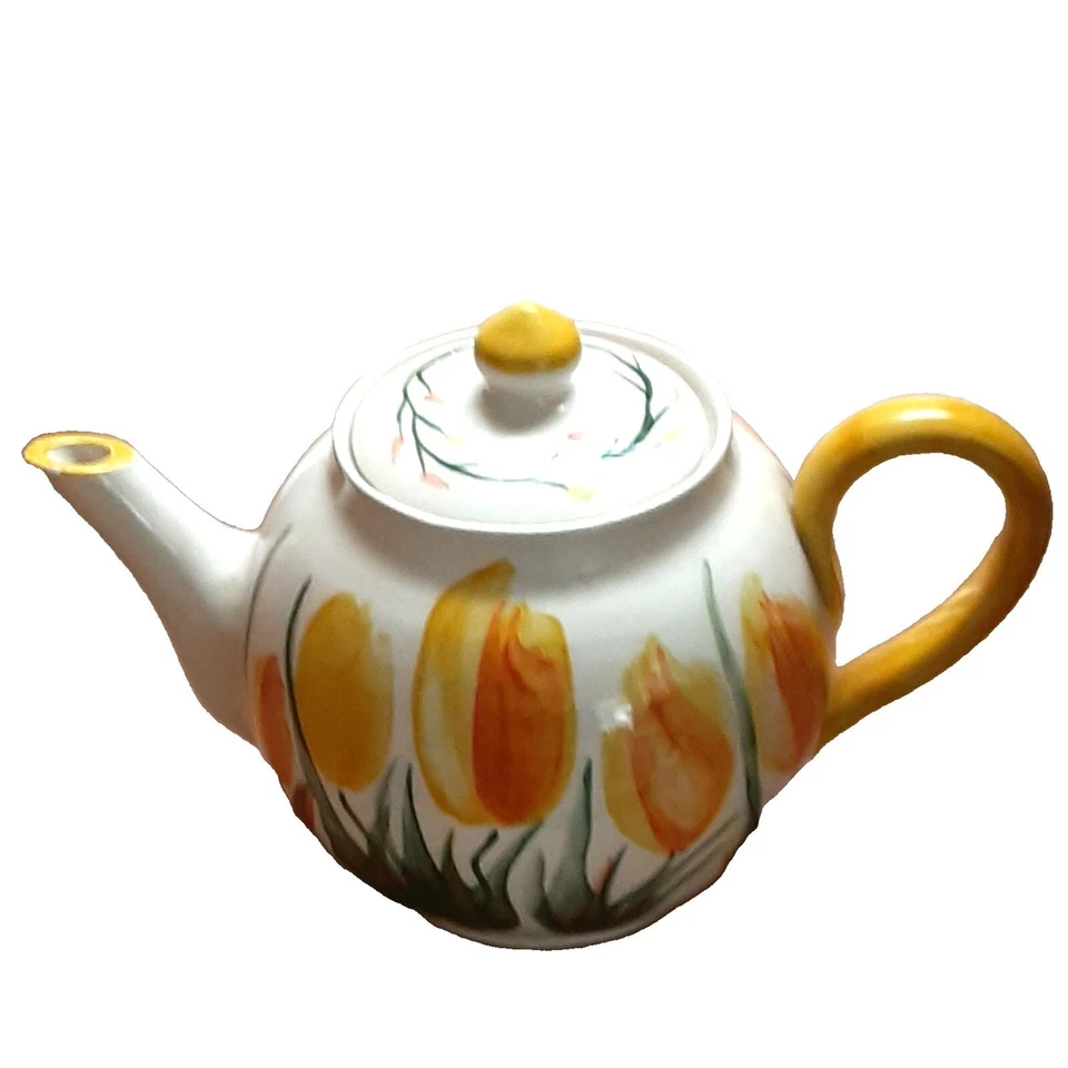Tetera artesanal vintage Vermont cerámica firmada soleada amarillo tulipanes cerámica Foto 3 de 4