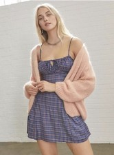 Urban Outfitters Kamaryn Fitted Bodice Tie Front Plaid Mini Dress Blue Size M