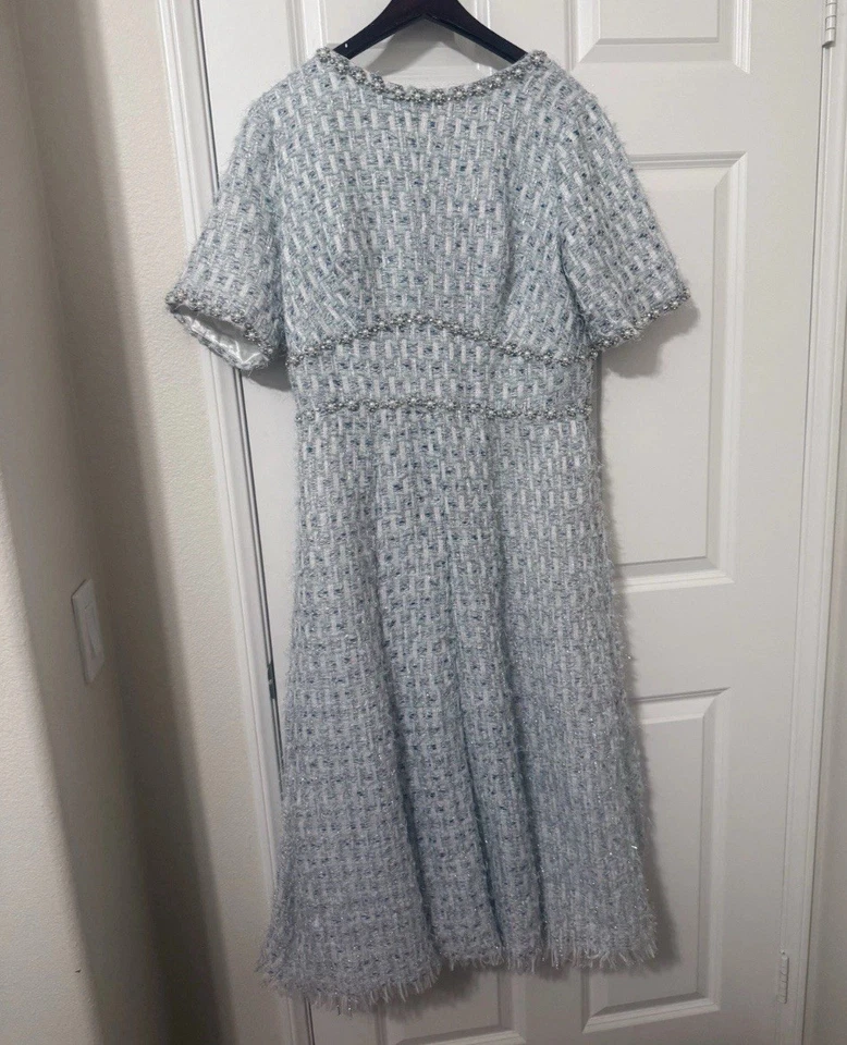 NUEVO CON ETIQUETAS $398 Vestido Mac Duggal [12] 20806 Manga Corta Cuentas Borde Boucle Midi J981 Foto 3 de 4