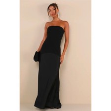 Lulus Women XS Black Compelling Style Strapless A Line Maxi Dress Satin Contrast