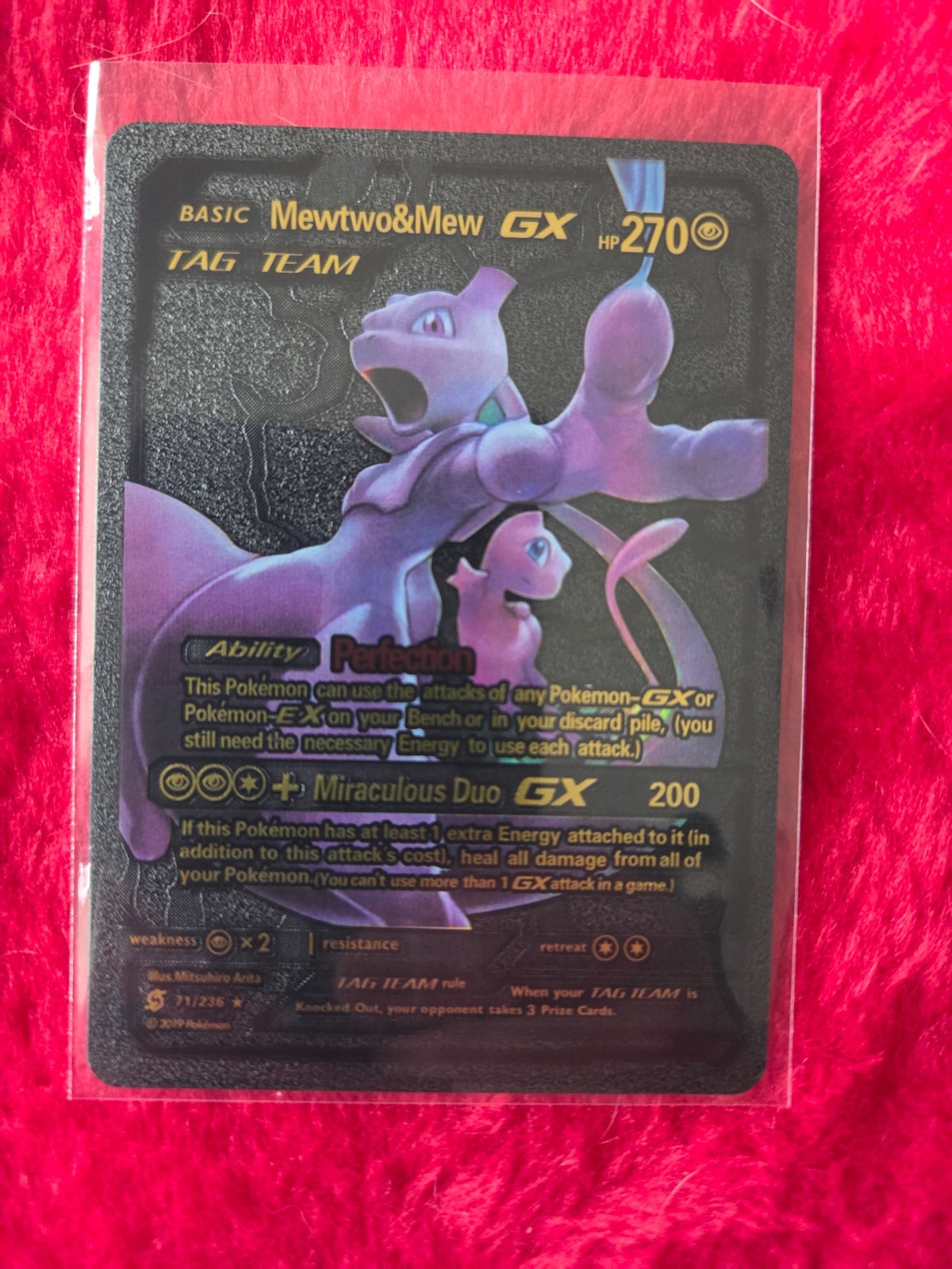 Pokemon Mewtwo & Mew Tag Team GX BLACK Foil Fan Art Collector Card - 270 HP