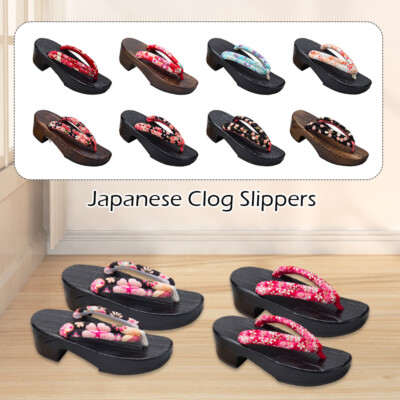 Women Japanese Geta Wooden Clogs Flip Flops Slippers Thick Bottom Cosplay Floral