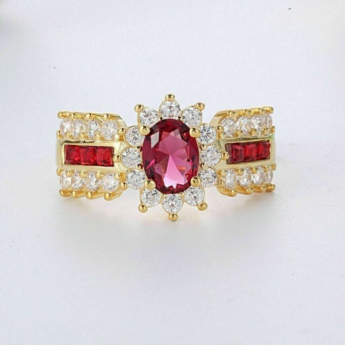 3 Ct Oval Cut Simulated Pink Ruby Women's Wedding Ring In 14k Yellow Gold Plated - Picture 2 of 5