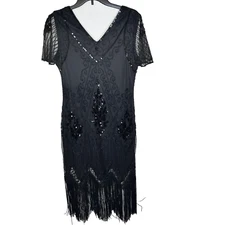 Gatsby Flapper Dress Size S Black 1920s Style Beaded Fringe Sequins Whimsigoth