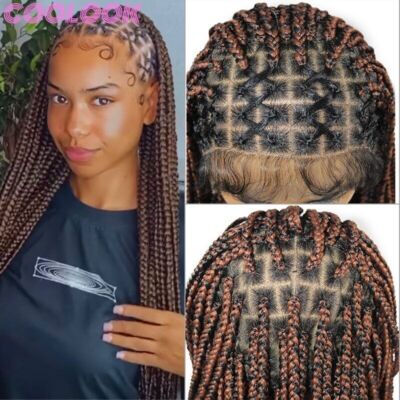 Ombre Knotless Box Braid Frontal Wig Long Brown Full Lace Synthetic Braids Wigs