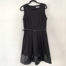 Calvin Klein Womens 10 Dress Fit N Flare Black Faux Leather Sleeveless Office
