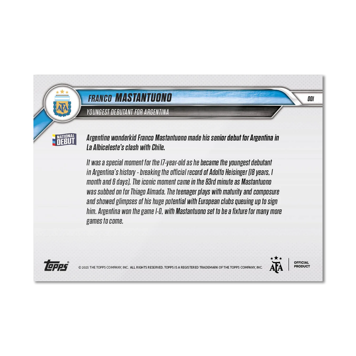 2024-25 Argentina Topps NOW #1 Franco Mastantuono Youngest