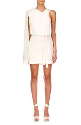 HALSTON L24020 Casey Asymmetrical Cape Stretch Crepe White Minidress Size 2