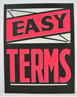 Vintage Easy Terms / Country Store Cardboard 11x14 Window Sign Old Stock
