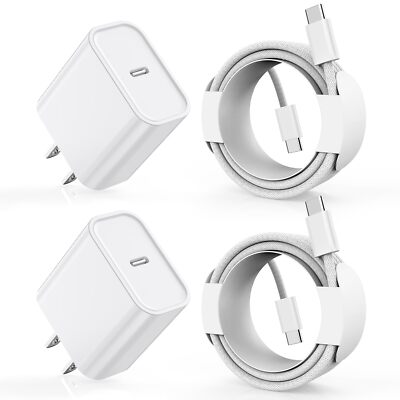 iPhone 16 15 Pro Max Plus PD Fast Charger Wall Adapter 20W +USB-C Cable (2-PACK)
