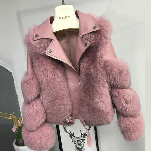 Damen künstliche Zucht Fuchsfell Mantel Lammfell Leder Motorradjacke - Bild 21 von 25