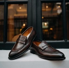 Men's Handmade Genuine Brown Leather Shoes Casual Loafers Formal Dress Shoes