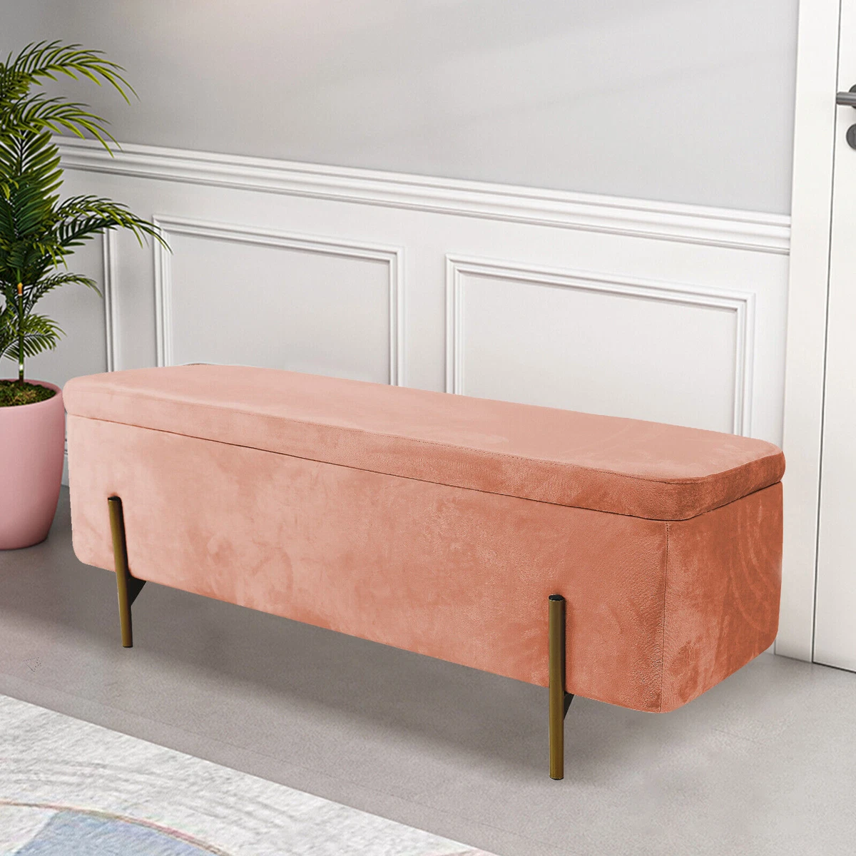 Velvet Storage Ottoman Bench Foot Rest Footstool End of Bed Storage Seat Pink