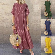 Women's Short Sleeve Long Dress Baggy Polka Dot Sundress Kaftan Maxi Dress