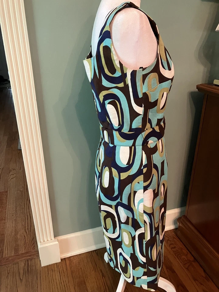 VTG David Meister Geometric Linen Shift Dress Sz 6 MCM Sleeveless Belt Lined EUC - Image 2 of 4