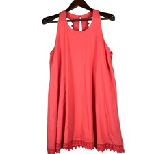 Womens L Trapeze Dress Coral Lace Trim Keyhole Boho Flowy Beachwear Sleeveless
