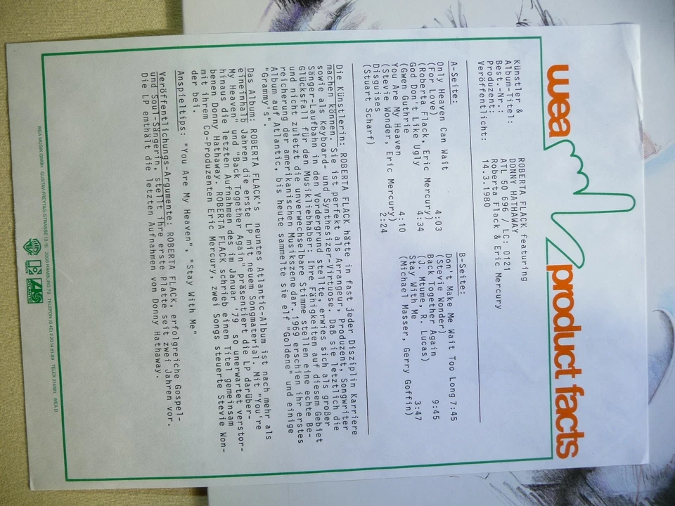 Roberta Flack Featuring Donny Hathaway  (Promotion Copy + Promo-Sheet, Unplayed) - Bild 2 von 4