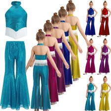 US YiZYiF Girls Sequins Jazz Dance Halter Neck Crop Top with Flared Pants Set