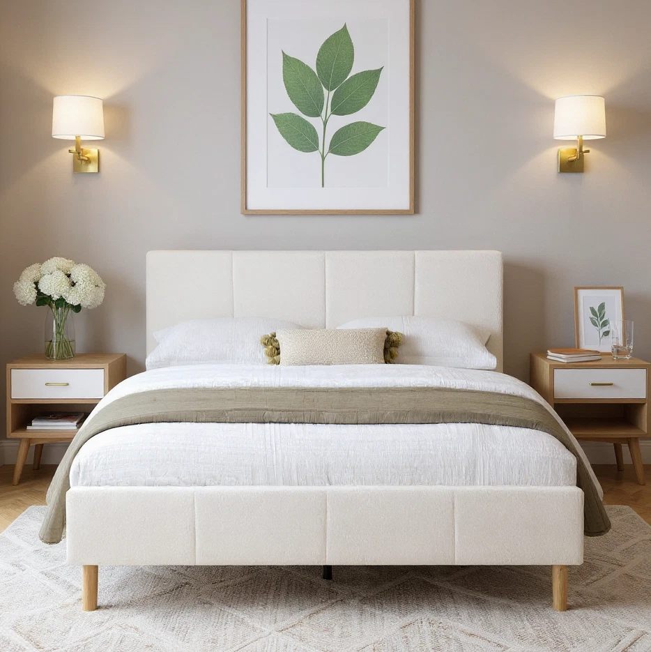 Marco de cama Queen de terciopelo de peluche con cabecero listones de madera soporte pierna central blanco Foto 2 de 4