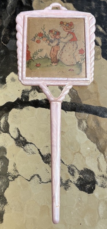 1950’s - 60’s Vintage Plastic  Pink Hand Held Vanity Mirror With Little Girls