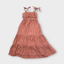 JUST FOUND Rust Orange Smocked Tie Peasant Midi Dress