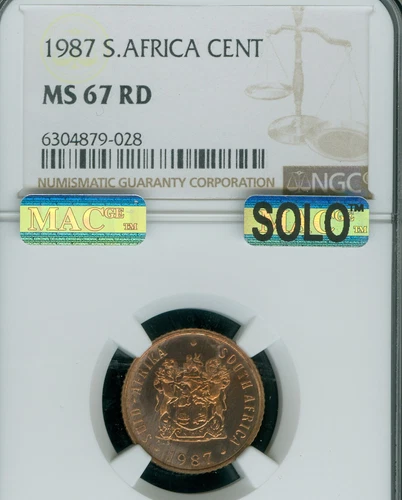 1987 SOUTH AFRICA CENT NGC MS67 RD MAC SOLO FINEST GRADE & MAC SPOTLESS *