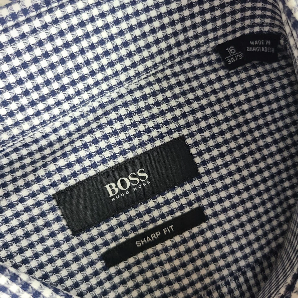 Camisa de vestir Hugo Boss para hombre 16 34/35 azul marino cuadros geométricos ajuste nítido con botones Foto 4 de 4