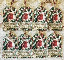  8 Tags Vintage Christmas Birds Handmade Gift Hang Tags Scrapbook Journals 579R