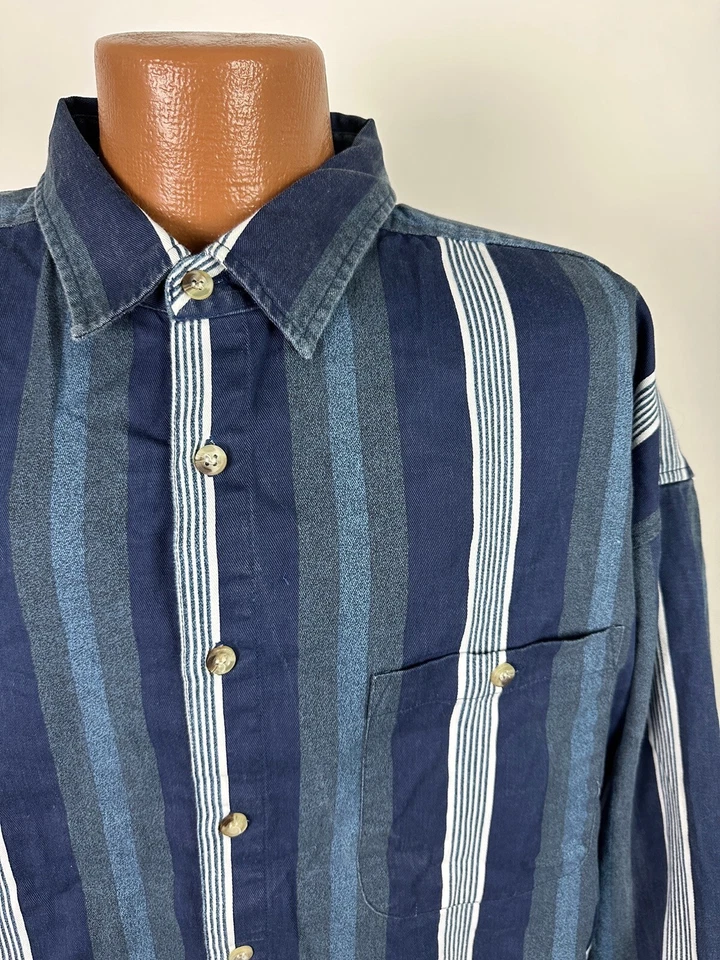 Vintage 90s Faded Glory Shirt Men 2XLT TALL Blue Striped Long Sleeve Heavyweight - Image 3 of 4