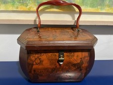 City Town Building Scenic People Wood Box Purse Handbag Bag Brown Vtg 60s 70s