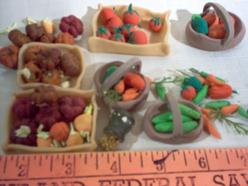 Mini clay vegetables, crates and baskets