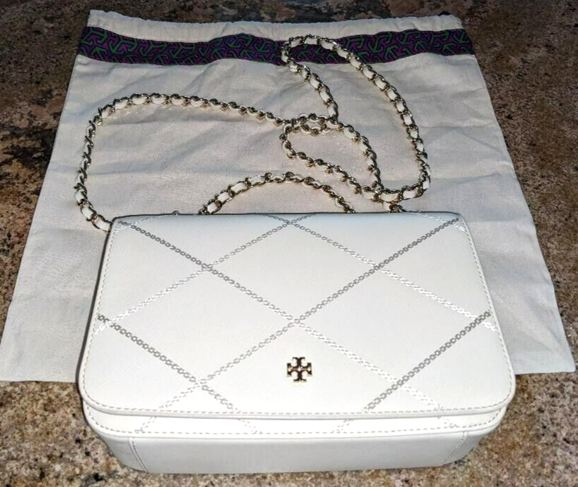 Tory Burch White Saffiano Leather Gold/White Chain Strap Crossbody