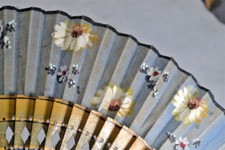 antique hand fan hand painted fabric/wood carved 14 in. best original 19th