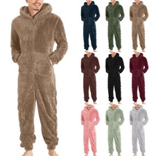 Men's One Piece Coral Fleece Pajamas Jumpsuit Pajamas Hooded Zip Pocket