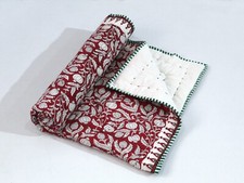 Indian Hand Block Stitching Blanket Cotton Red Floral Reversible Baby Quilted US
