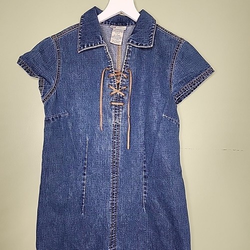 Vintage 90s Denim Dress 8 Faded Glory Lace Up Country Cowgirl Western Patchwork - Picture 2 of 5